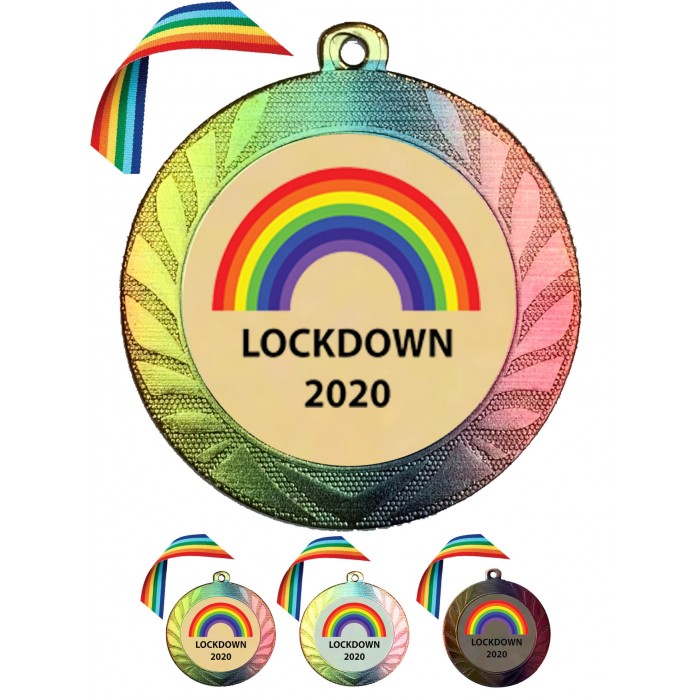 LARGE 70MM RAINBOW COLOURED MEDAL & RAINBOW RIBBON  - LOCKDOWN 2021 GOLD, SILVER OR BRONZE